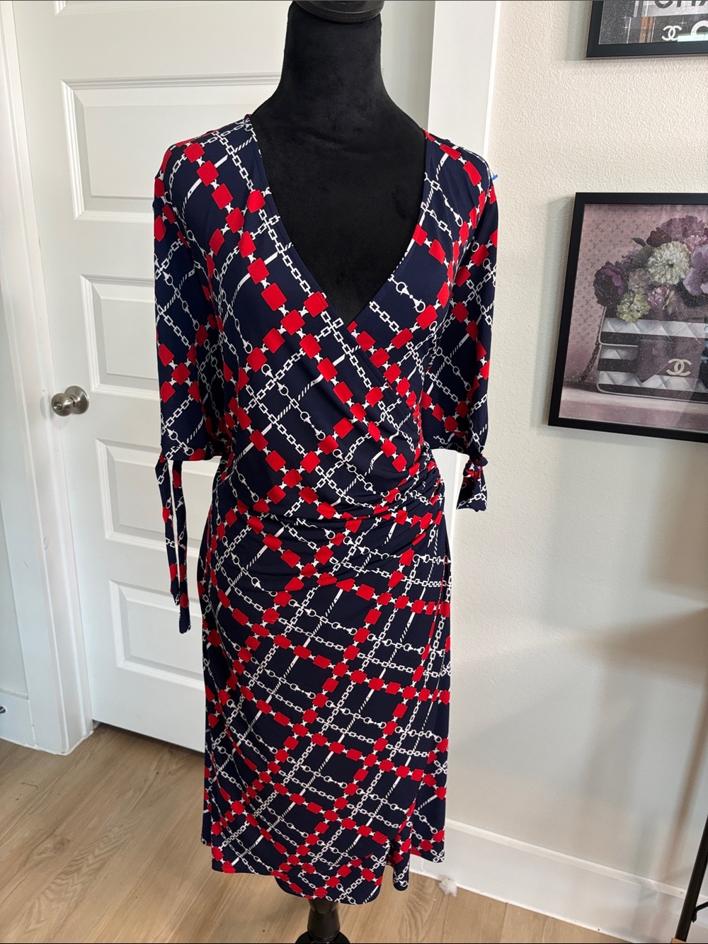 Glamour Navy Midi Wrap Dress with Red & White Chain Print